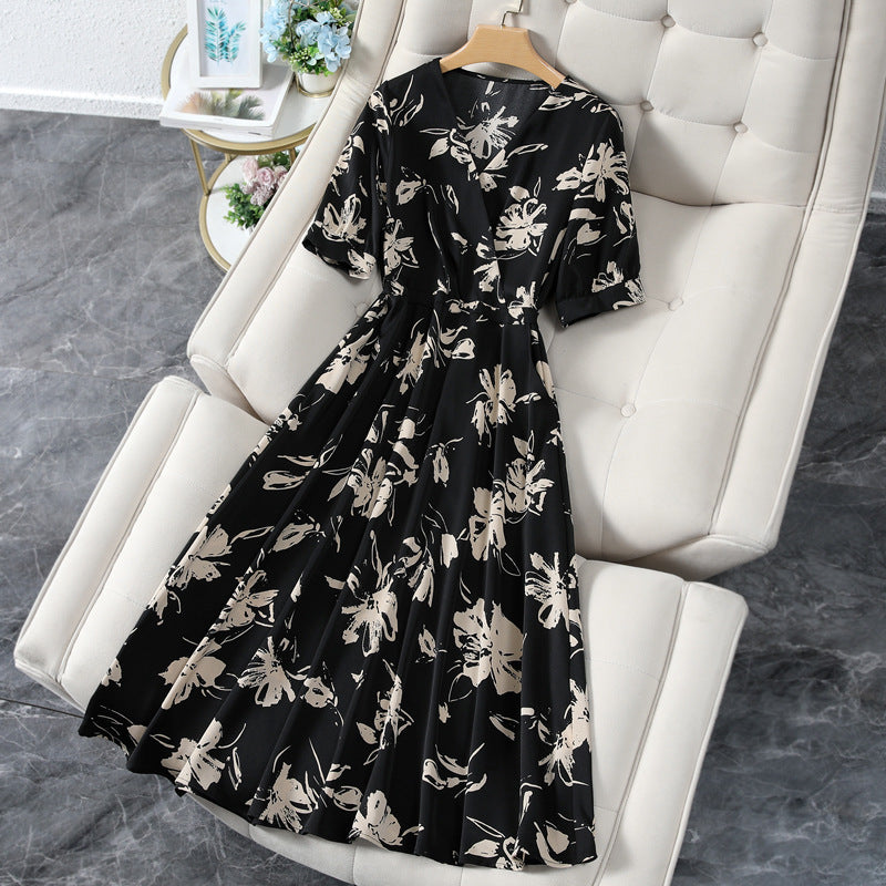 Plus Size Korean Monochrome Floral Wrap V Neck Midi Dress