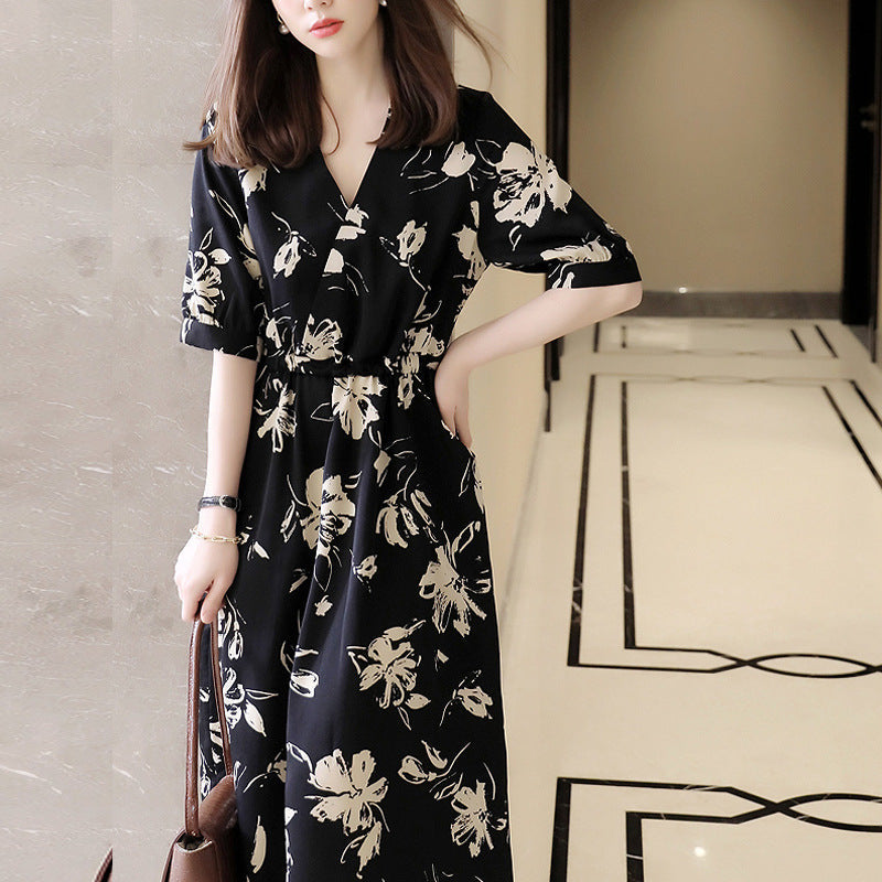 Plus Size Korean Monochrome Floral Wrap V Neck Midi Dress
