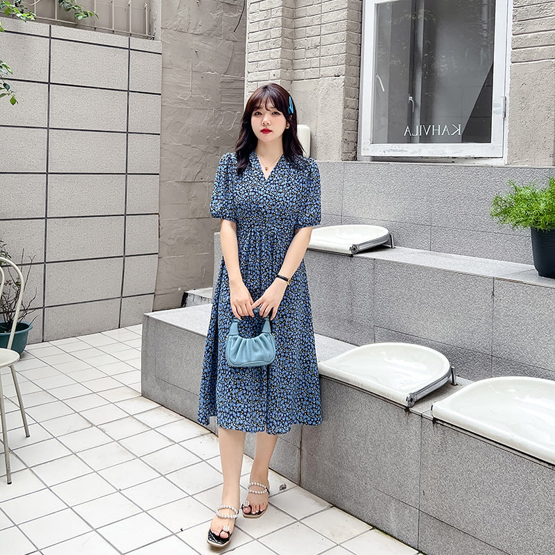 Plus Size Korean Blue Little Flowers Wrap Midi Dress