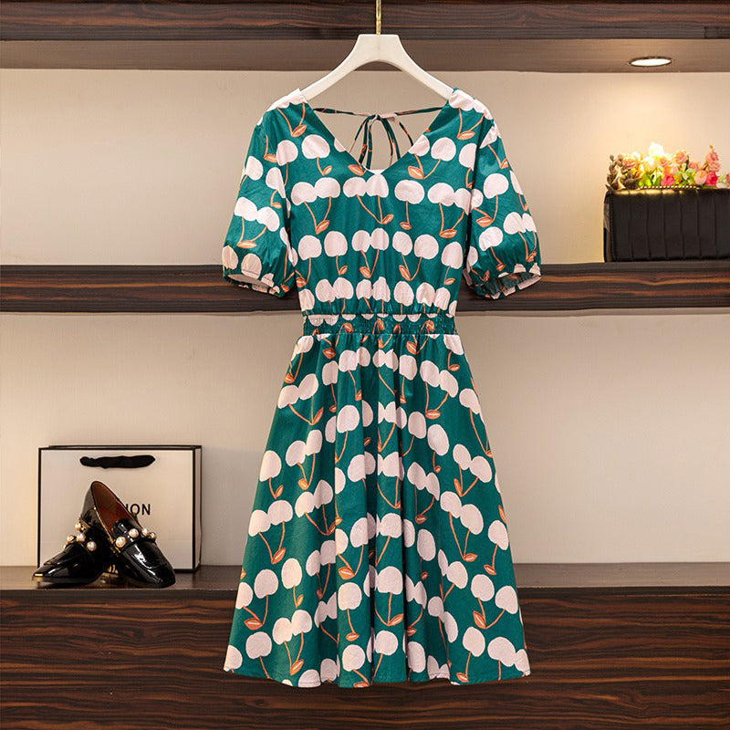 Plus Size Korean Cherry Green Dress