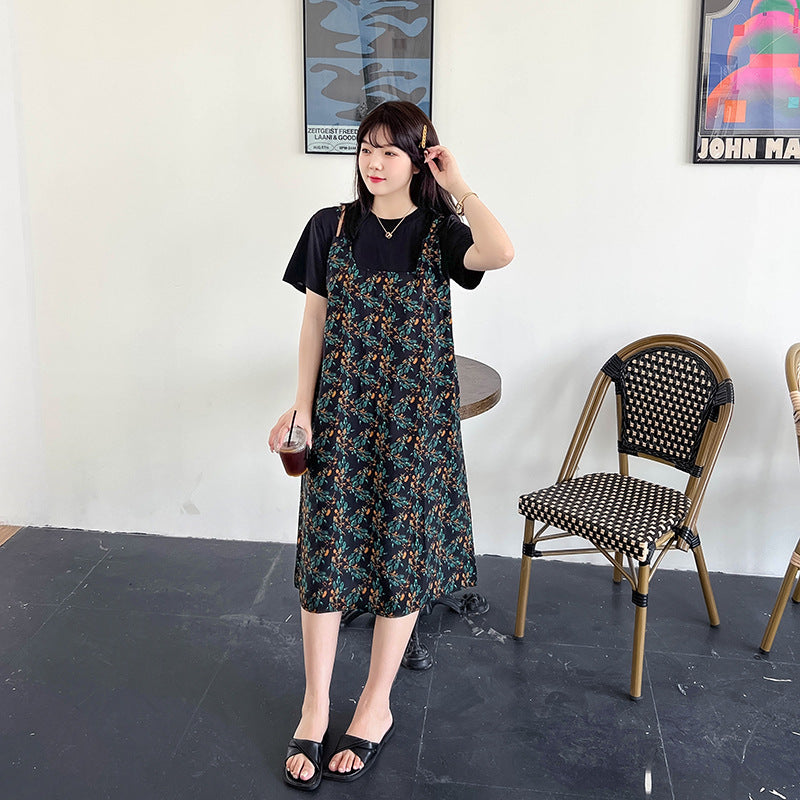 Plus Size Korean Floral Mock 2 Piece Dress
