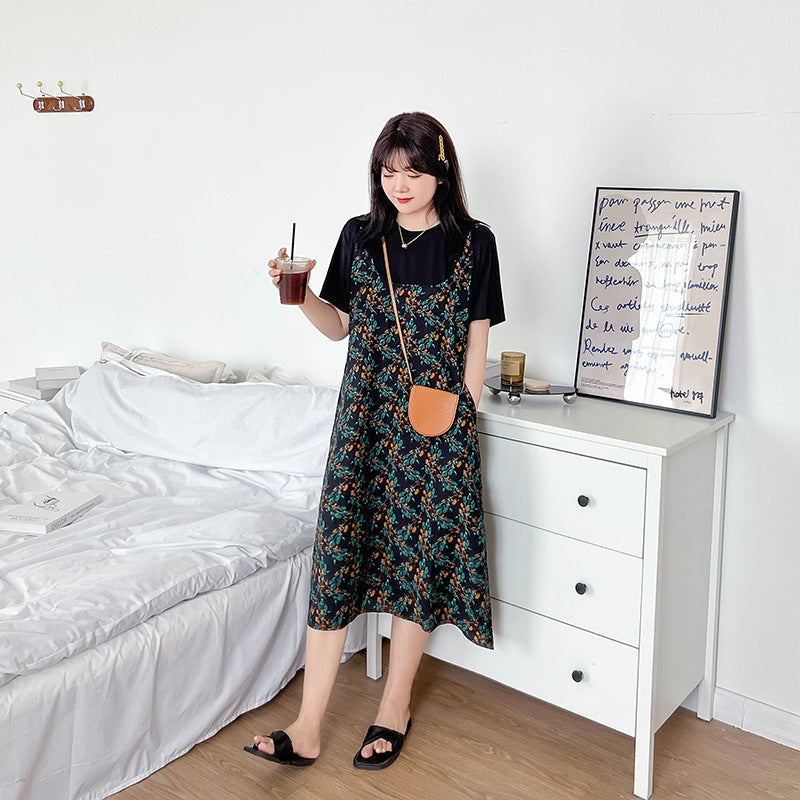 Plus Size Korean Floral Mock 2 Piece Dress