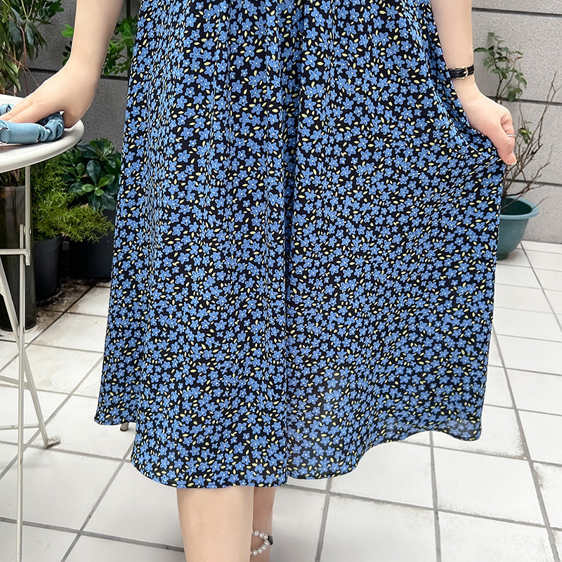 Plus Size Korean Blue Little Flowers Wrap Midi Dress