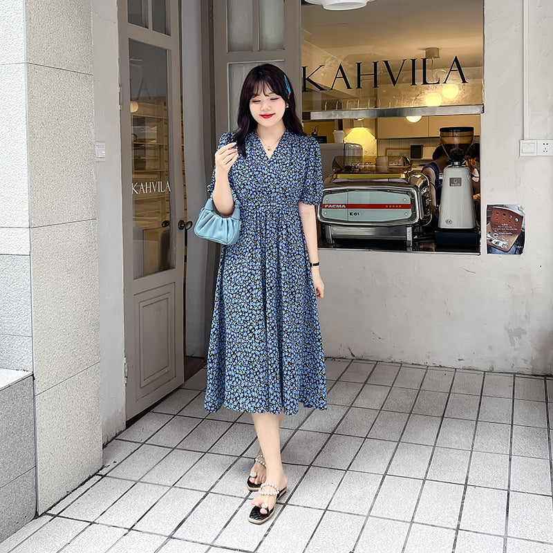 Plus Size Korean Blue Little Flowers Wrap Midi Dress