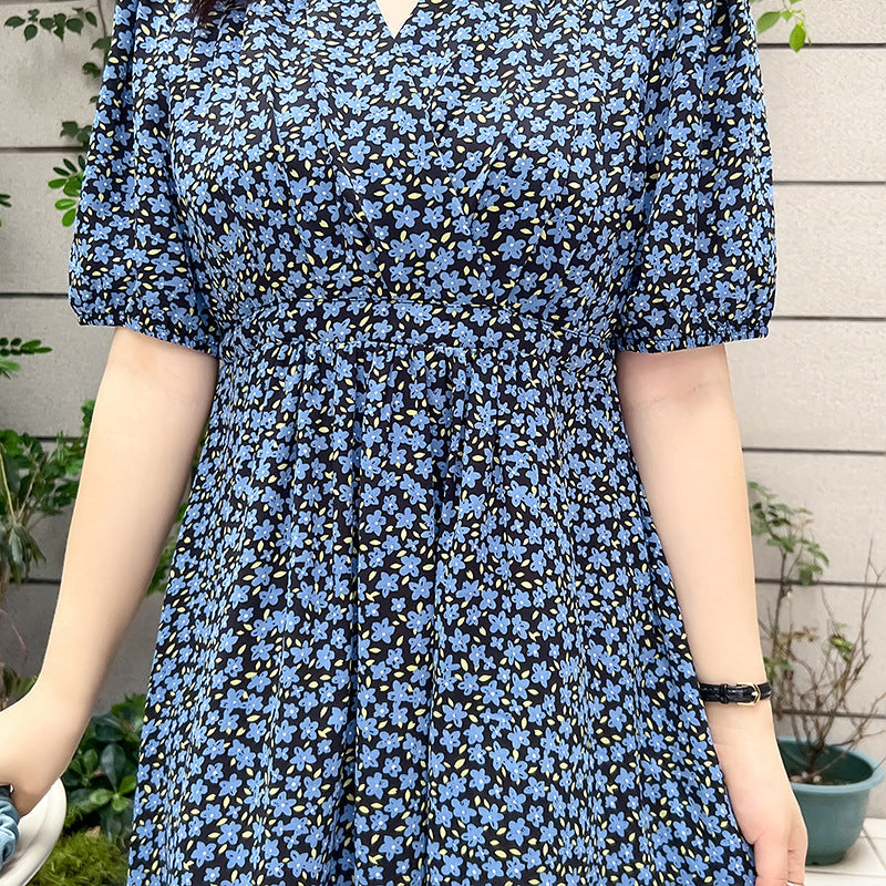 Plus Size Korean Blue Little Flowers Wrap Midi Dress