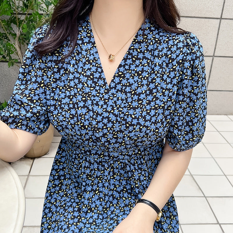 Plus Size Korean Blue Little Flowers Wrap Midi Dress
