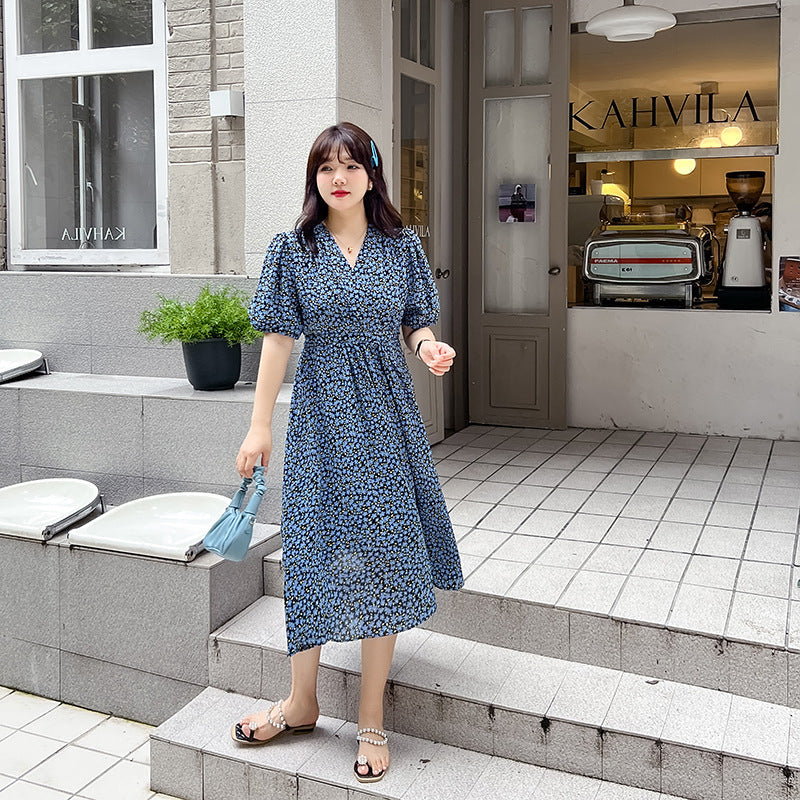 Plus Size Korean Blue Little Flowers Wrap Midi Dress