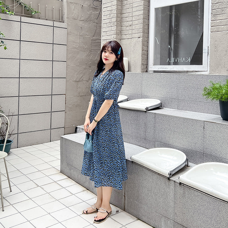 Plus Size Korean Blue Little Flowers Wrap Midi Dress