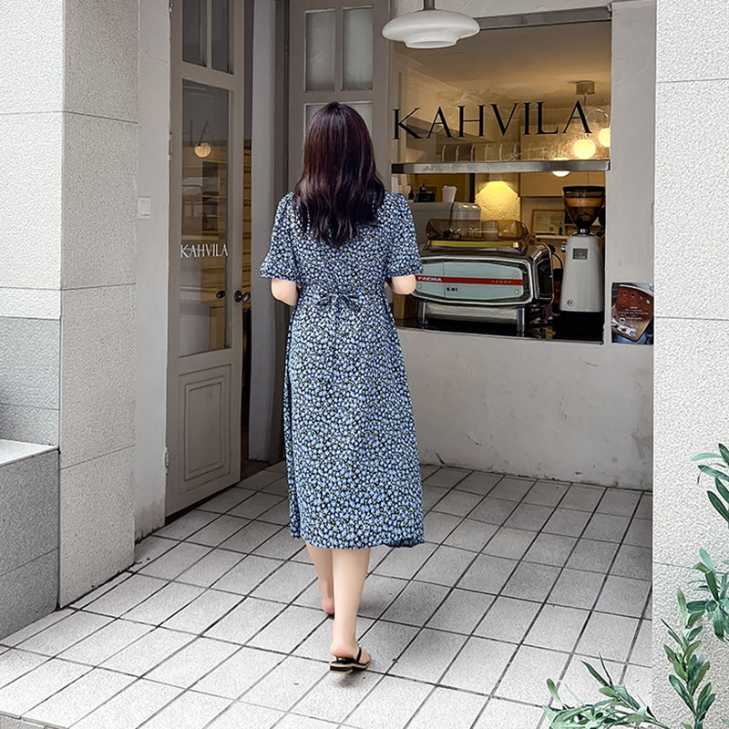 Plus Size Korean Blue Little Flowers Wrap Midi Dress