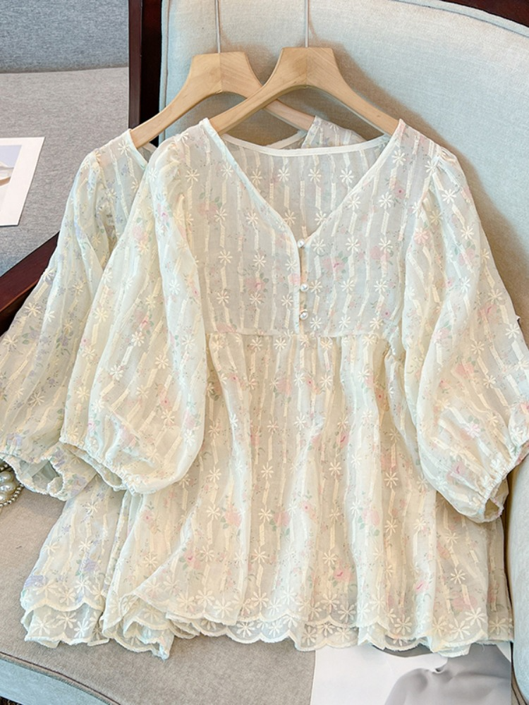 Plus Size Korean Lace Loose Babydoll Blouse