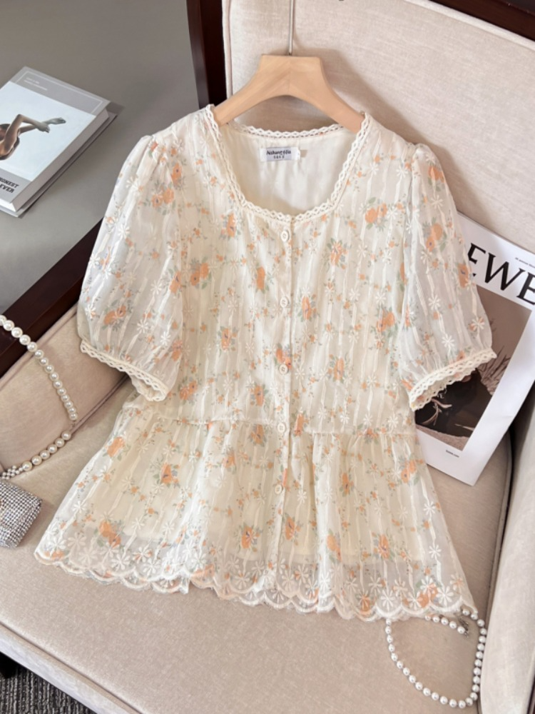 Plus Size Korean Lace Square Neck Floral Blouse
