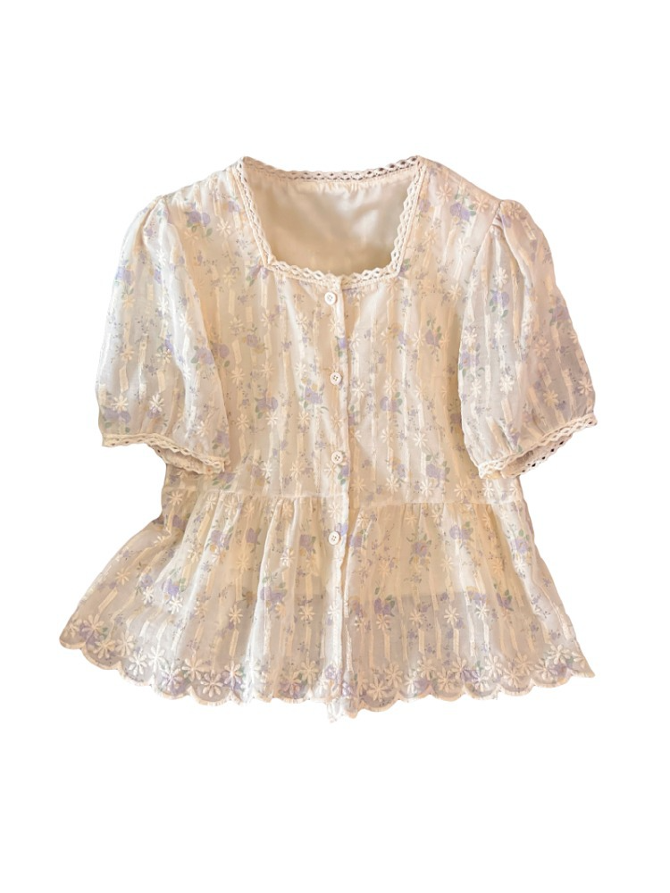 Plus Size Korean Lace Square Neck Floral Blouse