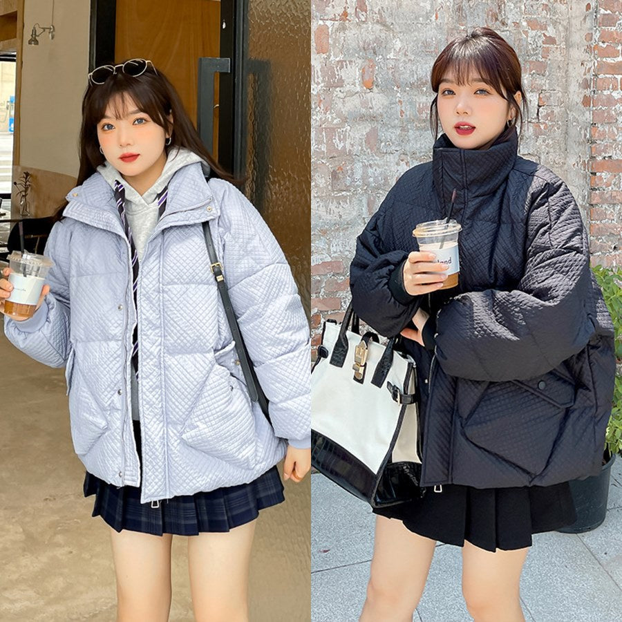 Plus Size Korean Down Grid Padded Short Winter Jacket (EXTRA BIG SIZE)