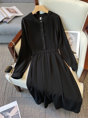 Plus Size Korean Pleat Long Sleeve Dress