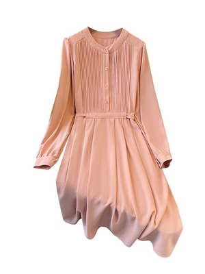 Plus Size Korean Pleat Long Sleeve Dress