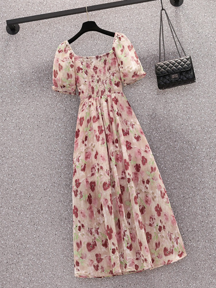 Plus Size Korean Romantic Floral Square Neck Midi Dress