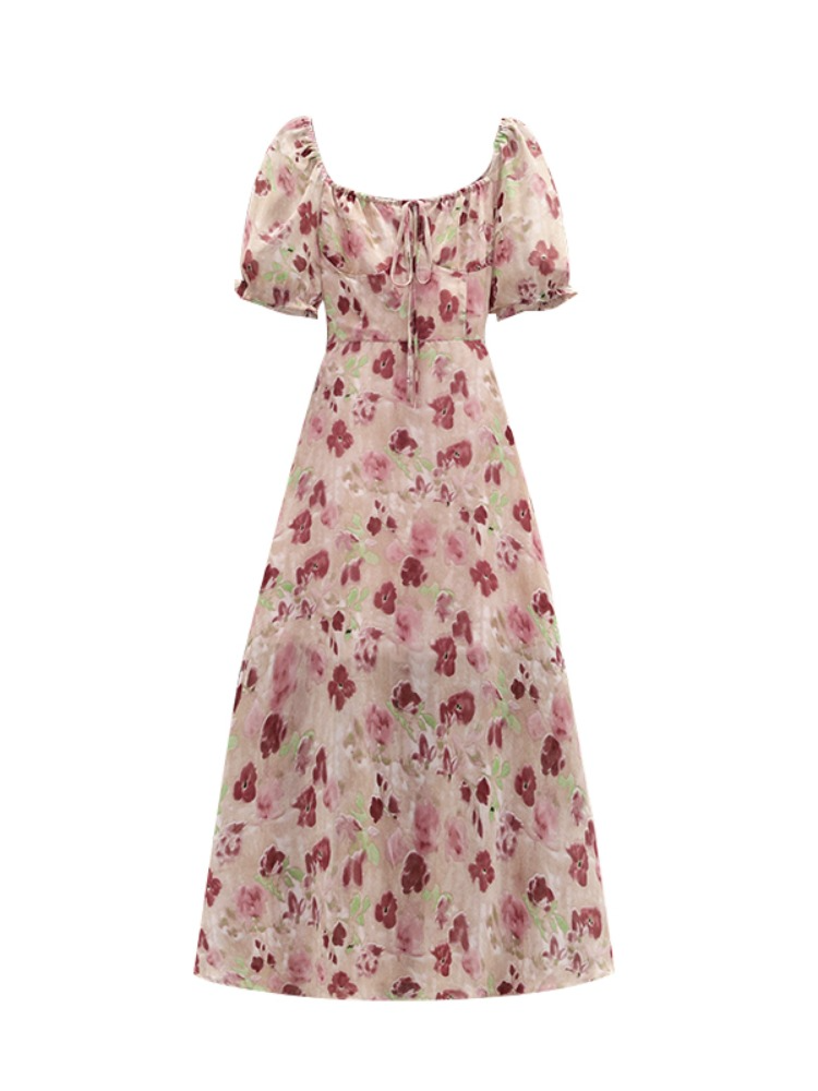 Plus Size Korean Romantic Floral Square Neck Midi Dress