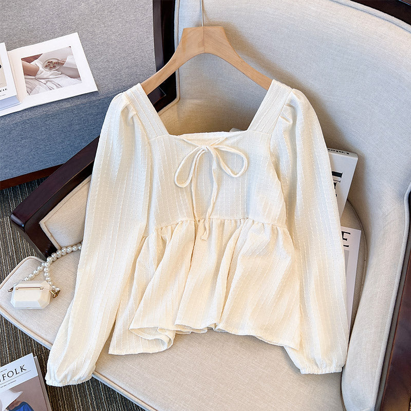 Plus Size Square Neck Textured Long Sleeve Blouse