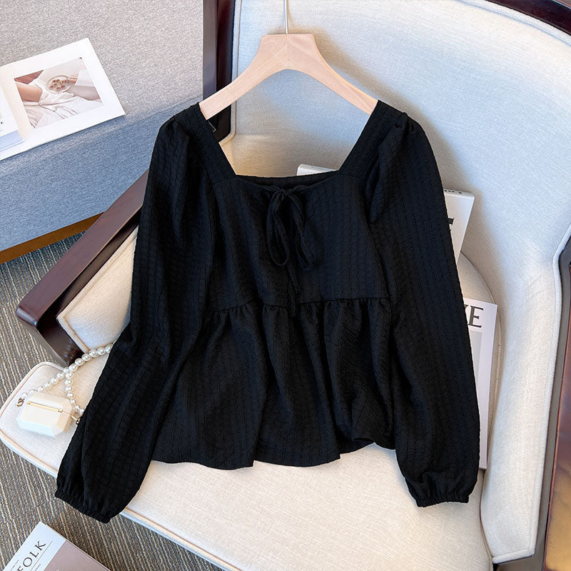 Plus Size Square Neck Textured Long Sleeve Blouse