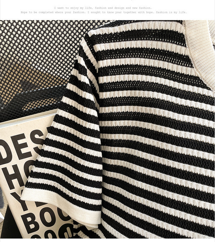Plus Size Korean Stripes Round Neck Blouse