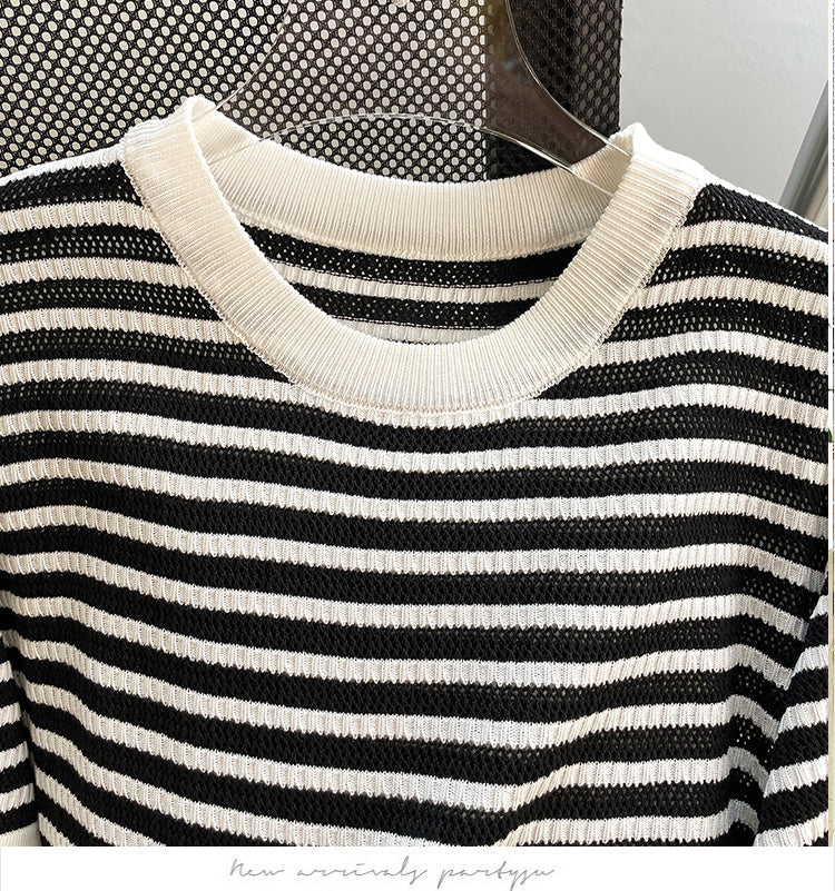 Plus Size Korean Stripes Round Neck Blouse