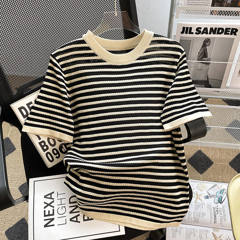 Plus Size Korean Stripes Round Neck Blouse
