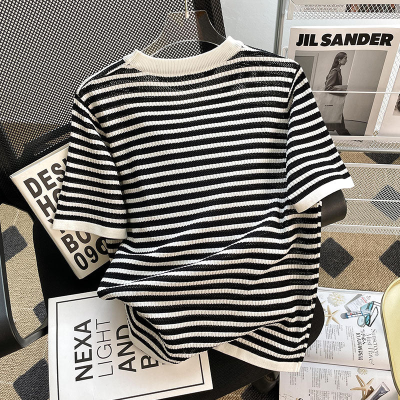 Plus Size Korean Stripes Round Neck Blouse
