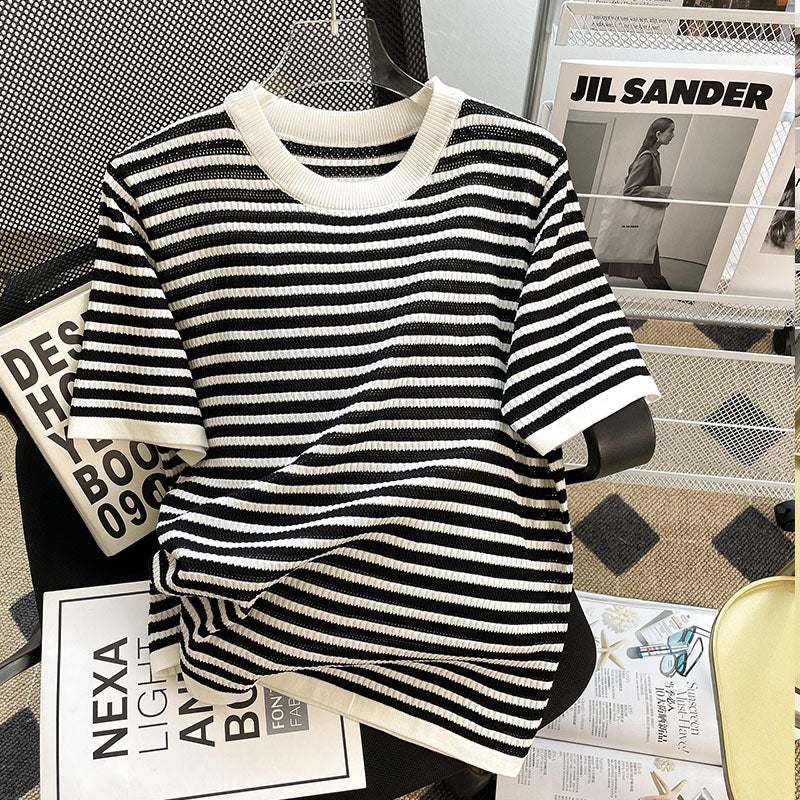 Plus Size Korean Stripes Round Neck Blouse
