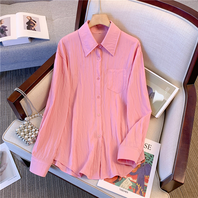 Plus Size Textured Buttons Long Sleeve Shirt Blouse