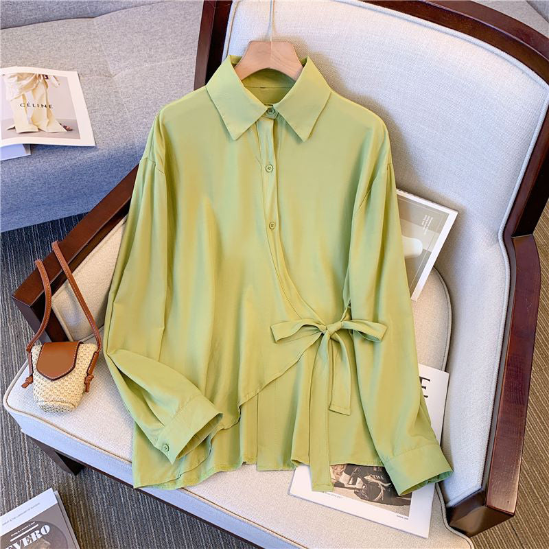 Plus Size Korean Side Tie Buttons Long Sleeve Shirt Blouse