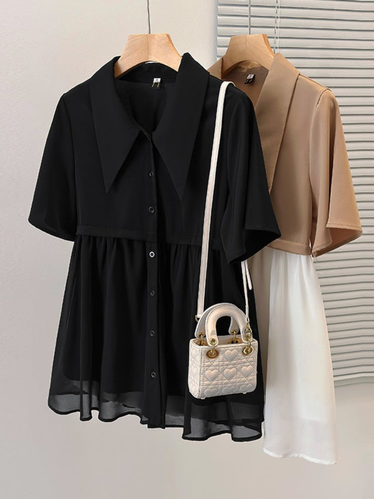 Plus Size Korean Colour Block Button Shirt Blouse