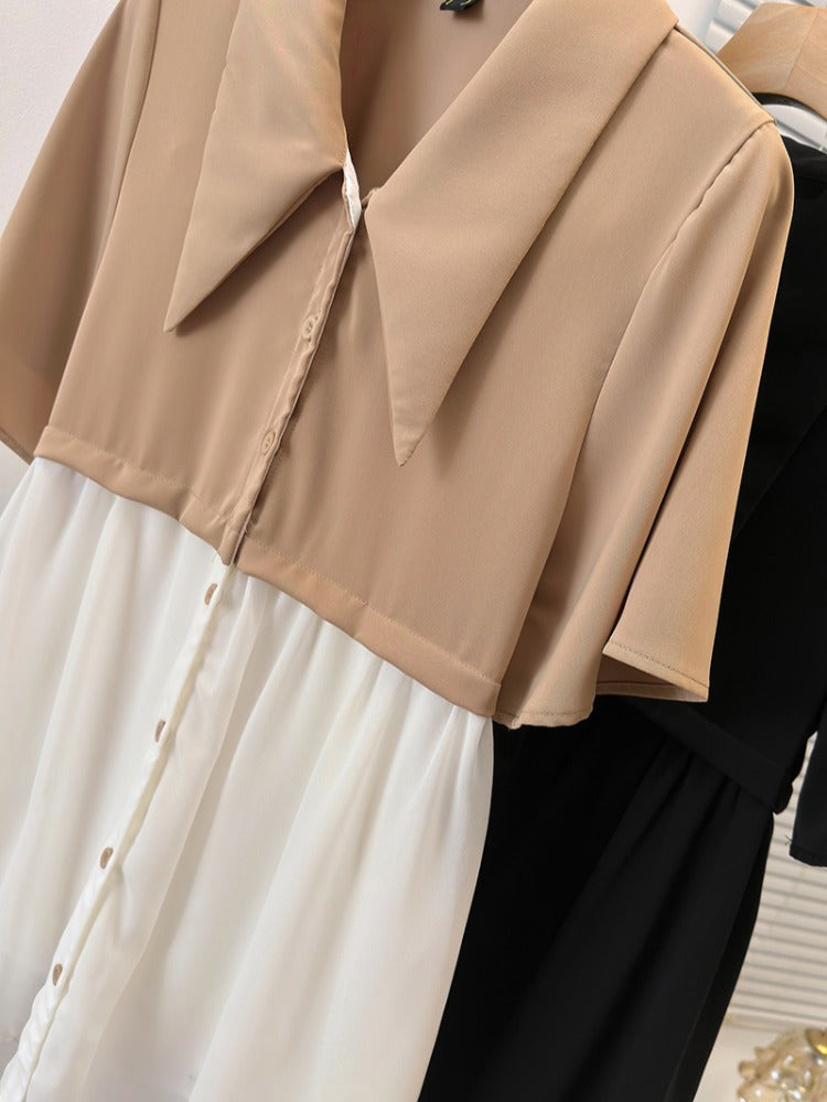 Plus Size Korean Colour Block Button Shirt Blouse
