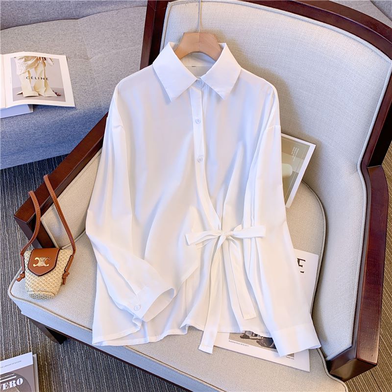 Plus Size Korean Side Tie Buttons Long Sleeve Shirt Blouse
