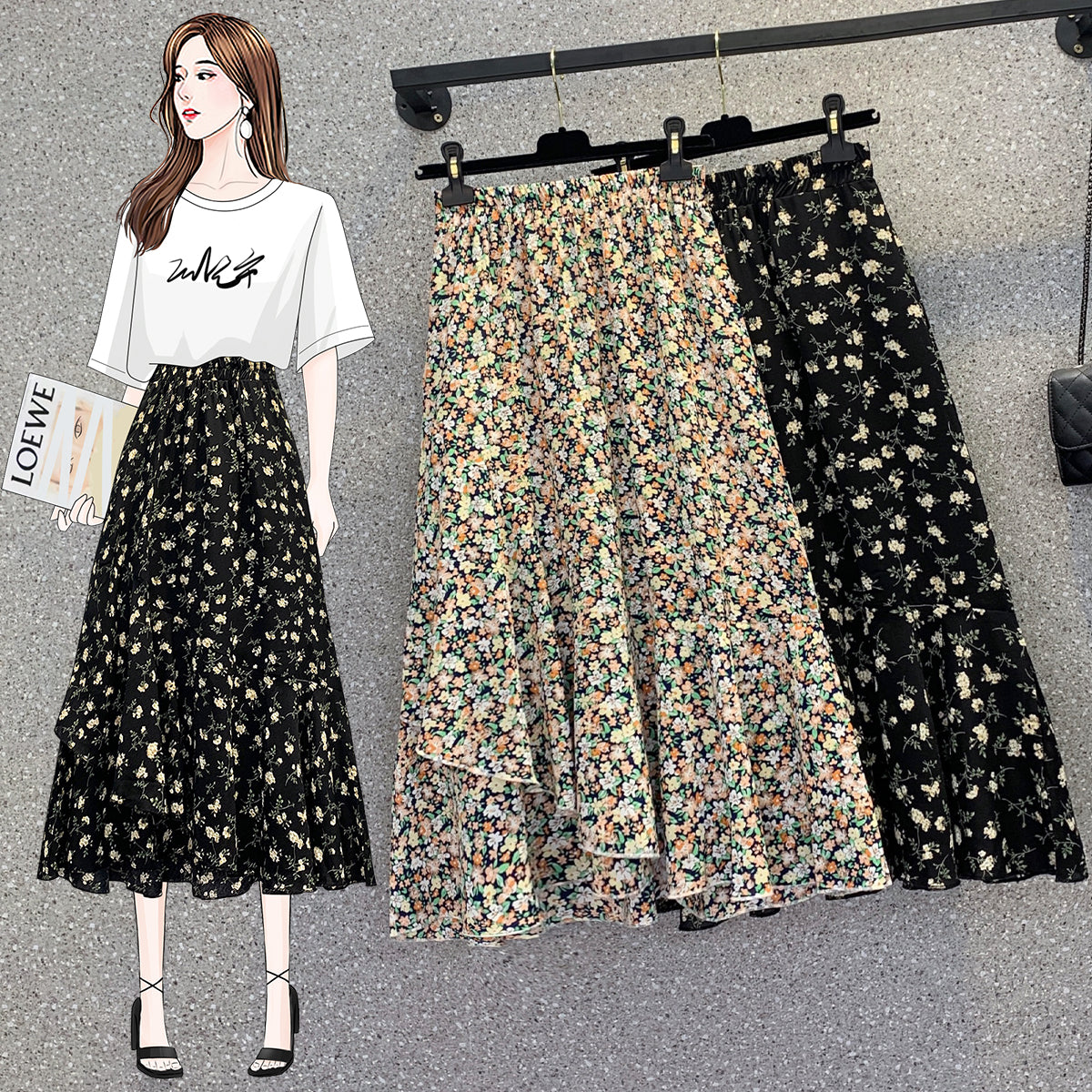 Plus Size Korean Ditsy Floral Frills Midi Skirt
