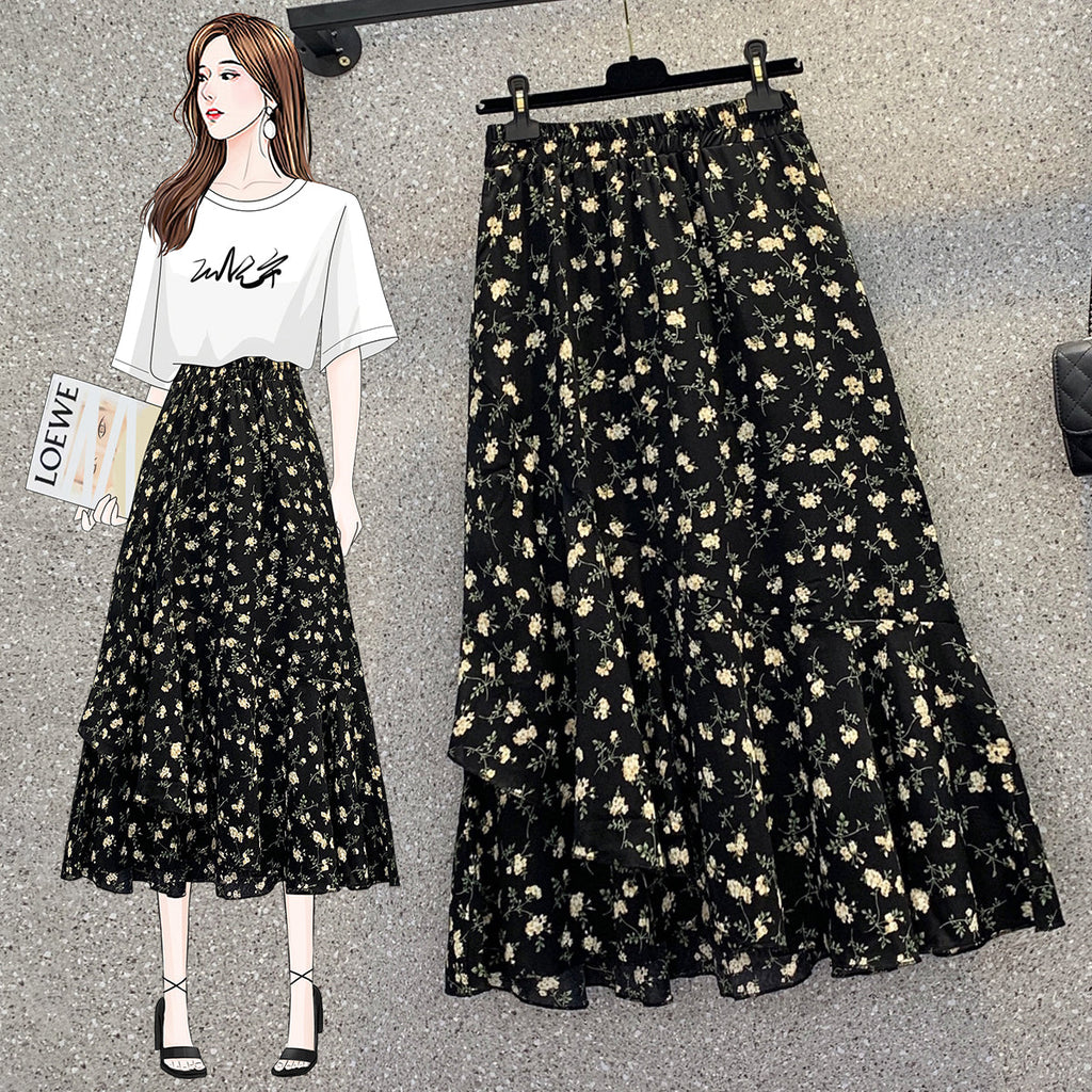 Plus Size Korean Ditsy Floral Frills Midi Skirt