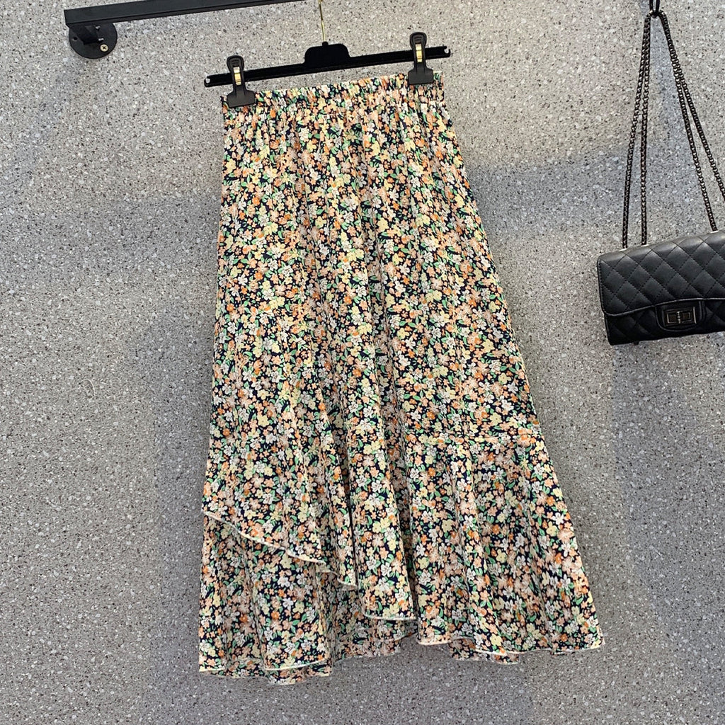 Plus Size Korean Ditsy Floral Frills Midi Skirt
