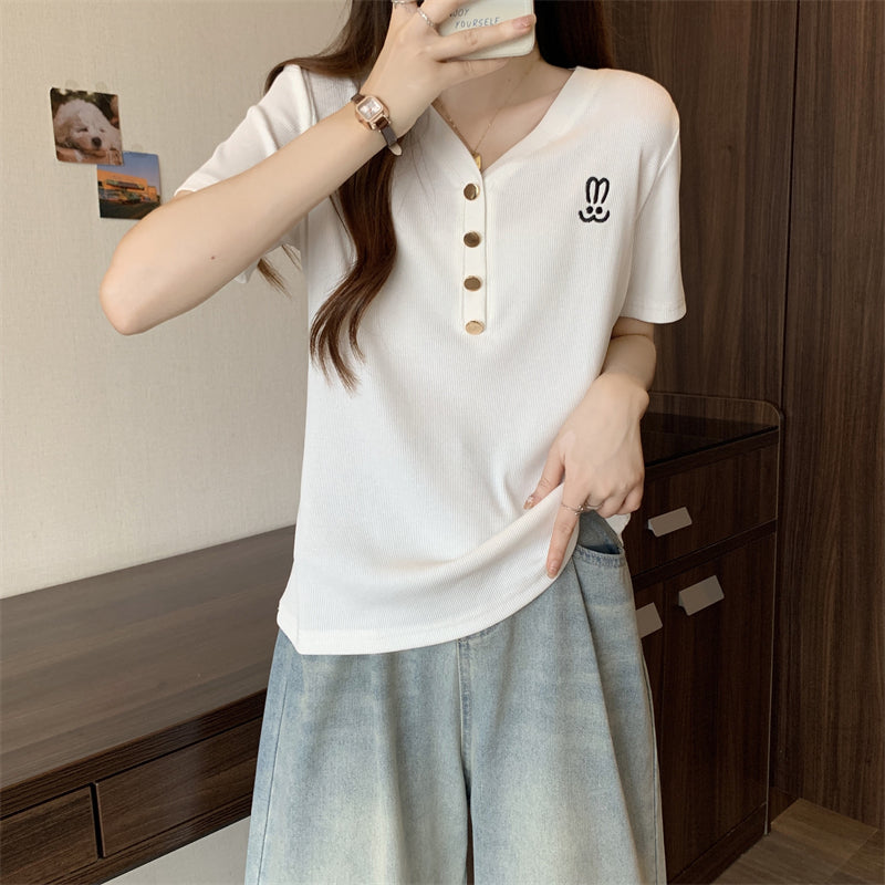 Plus Size Korean Rabbit Embroidery Henley T Shirt Top &nbsp;