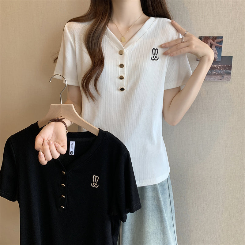 Plus Size Korean Rabbit Embroidery Henley T Shirt Top &nbsp;