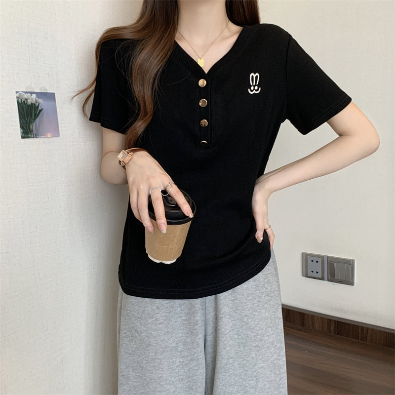 Plus Size Korean Rabbit Embroidery Henley T Shirt Top &nbsp;