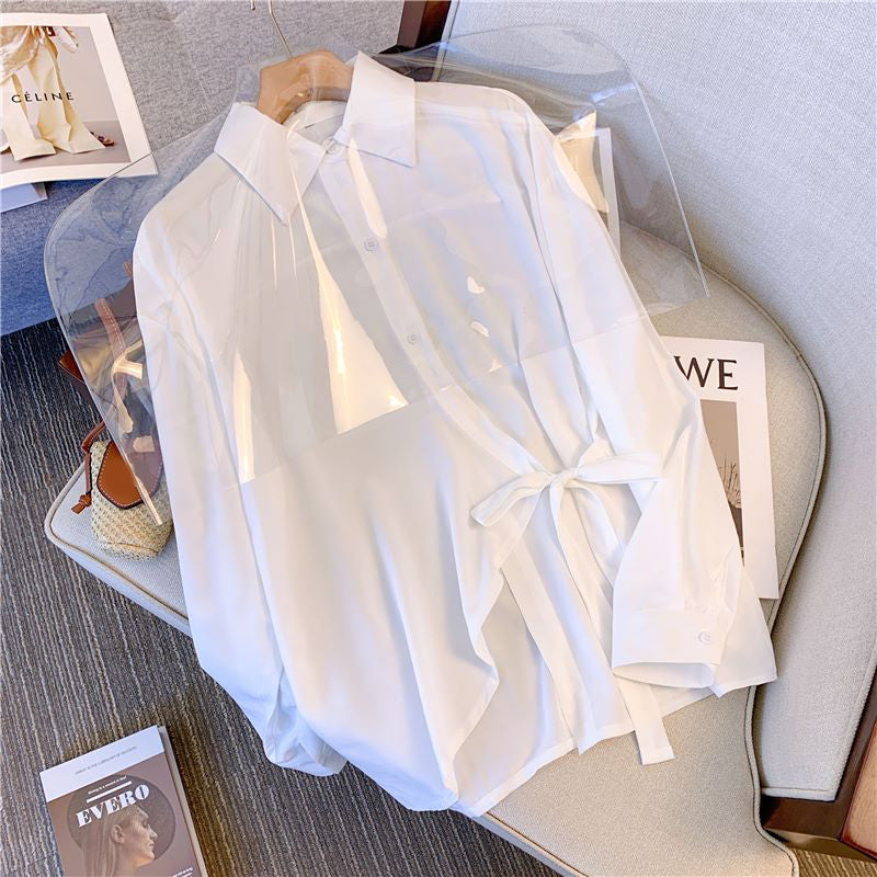 Plus Size Korean Side Tie Buttons Long Sleeve Shirt Blouse