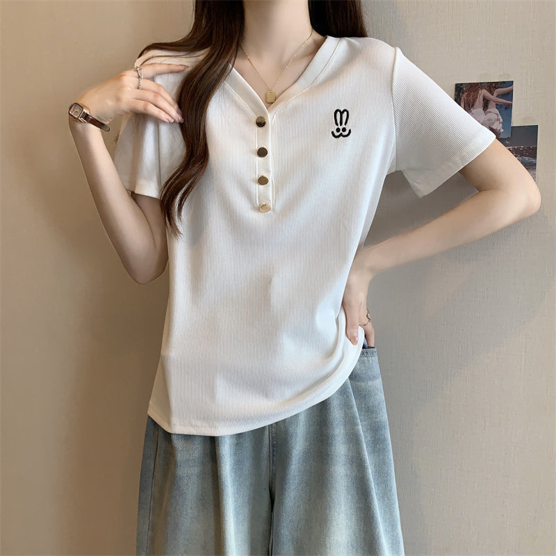 Plus Size Korean Rabbit Embroidery Henley T Shirt Top &nbsp;
