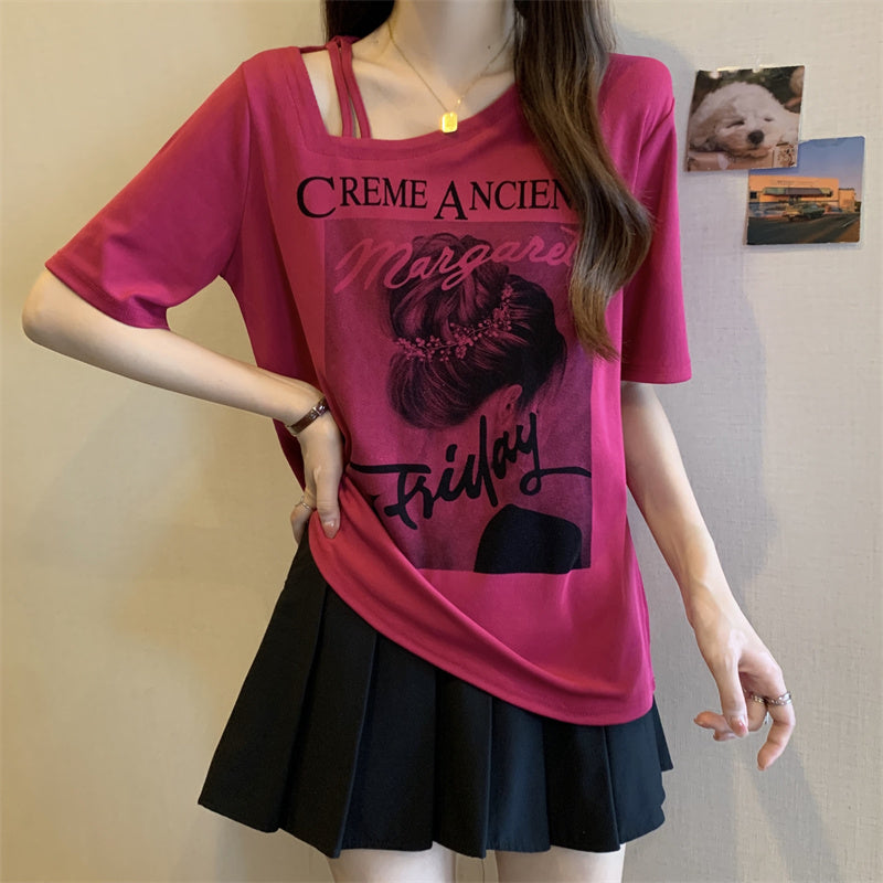 (Special Price!) Plus Size Korean Cold Shoulder Graphic T Shirt