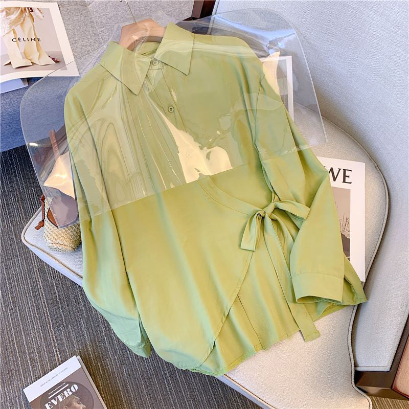 Plus Size Korean Side Tie Buttons Long Sleeve Shirt Blouse