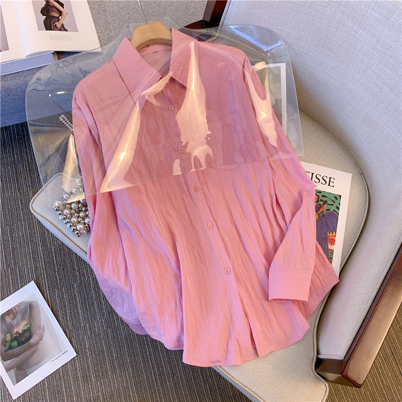 Plus Size Textured Buttons Long Sleeve Shirt Blouse
