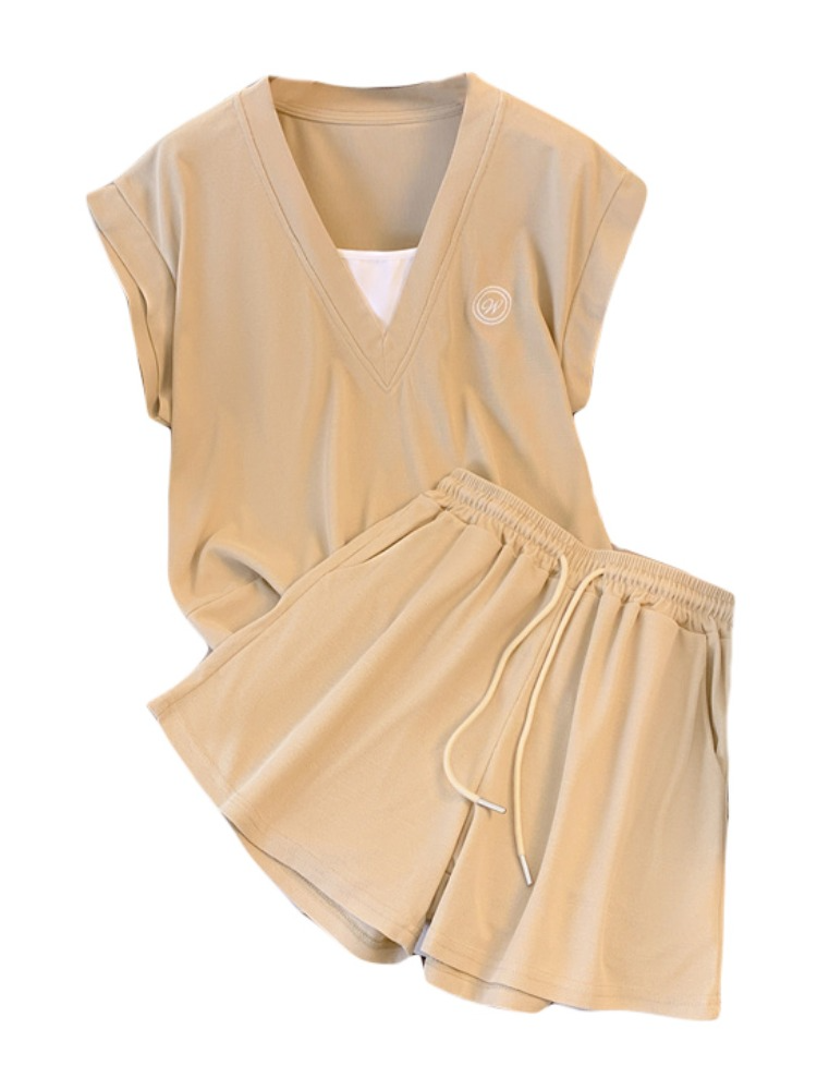 Plus Size Korean Sweater V Neck Top and Shorts Matching Set