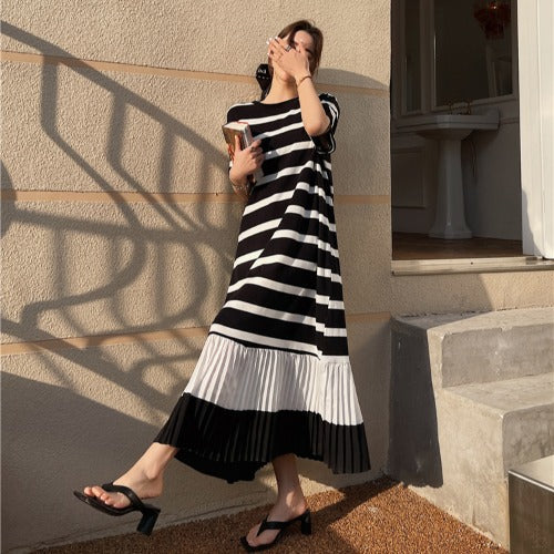 Plus Size Stripe Pleat T Shirt Midi Dress