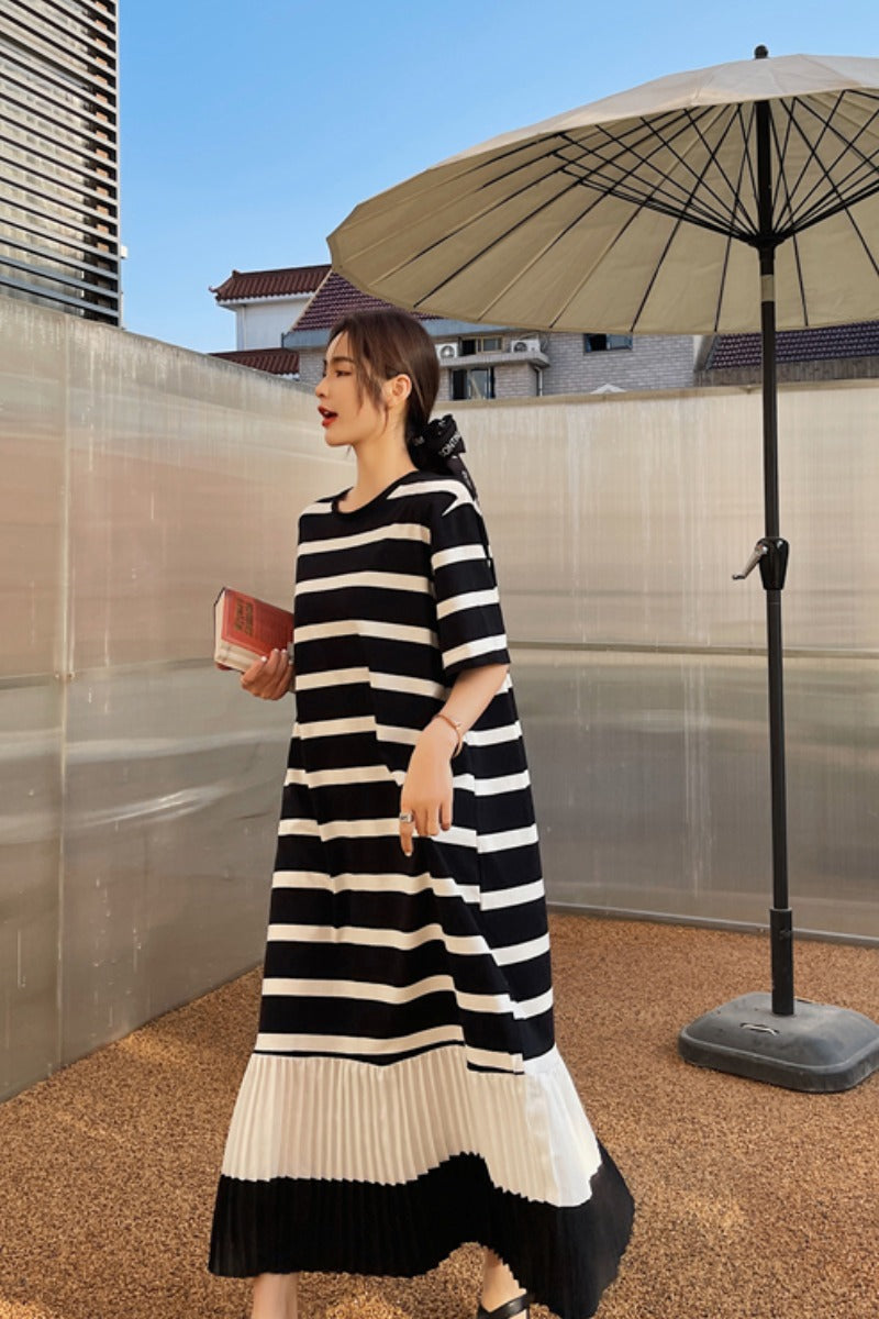 Plus Size Stripe Pleat T Shirt Midi Dress