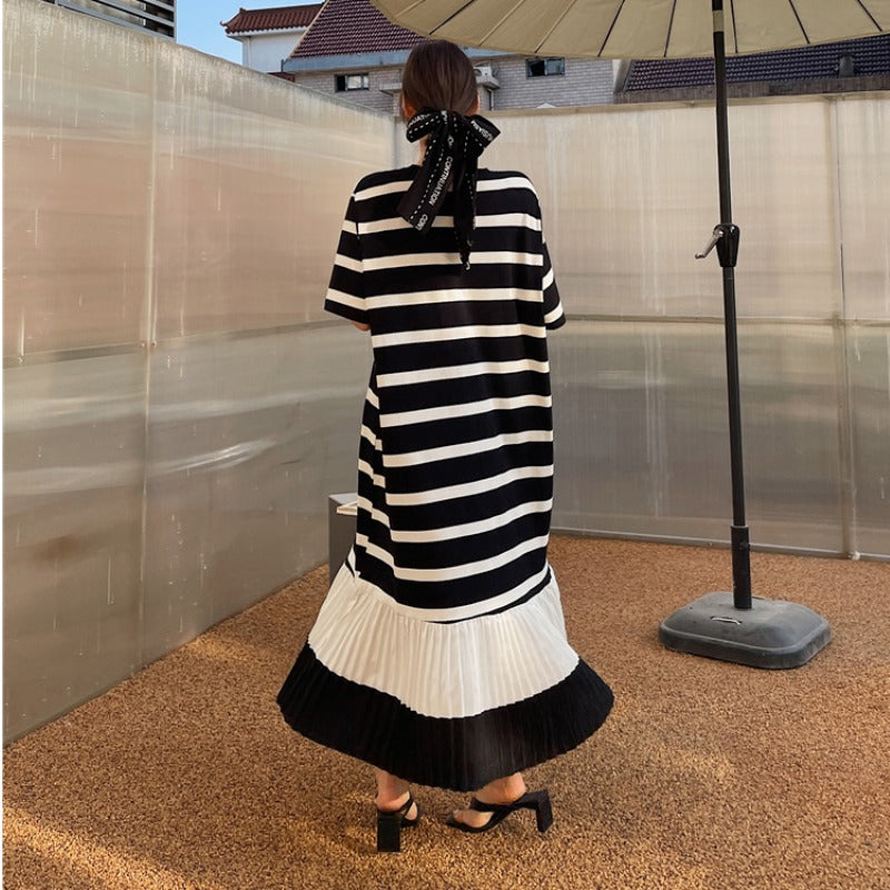 Plus Size Stripe Pleat T Shirt Midi Dress