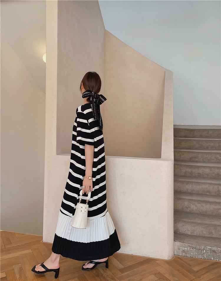 Plus Size Stripe Pleat T Shirt Midi Dress