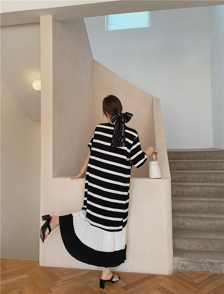 Plus Size Stripe Pleat T Shirt Midi Dress
